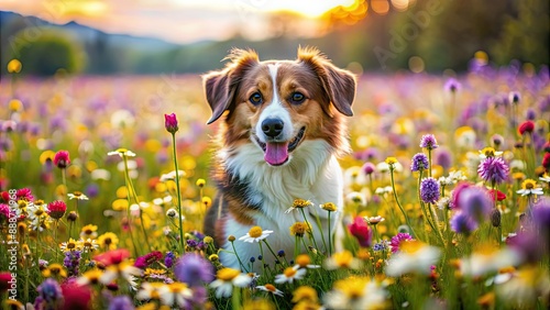 Multipoo dog playing in a colorful field of blooming flowers, pet, dog, multipoo, playful, frolicking, flowers, field photo