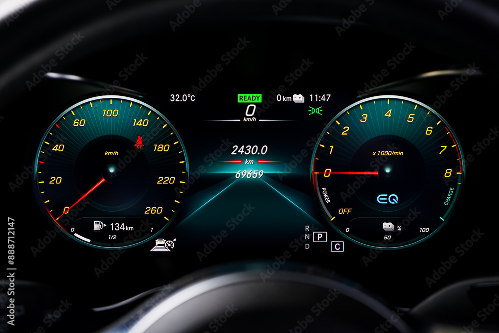 Fototapeta premium car​ instrument panel, car​ speed motor of​ night, car​ dashboard​ modern​ automobile control​illuminated panel​ speed display. 