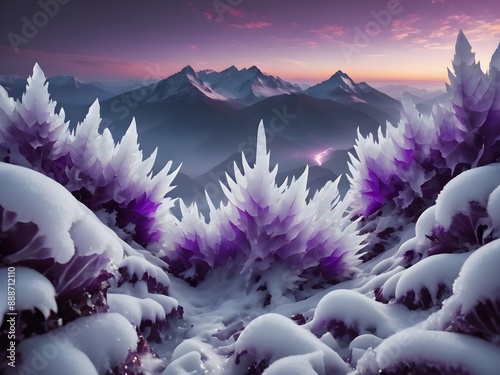 Mesmerizing blend of purple and white in this forest, with a peaceful stream and dramatic lightning