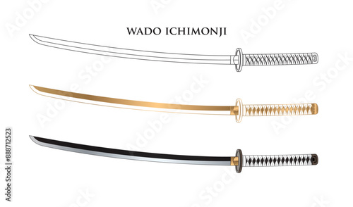 The Wado Ichimonji sword vector comes in a variety of styles, including black lines, gold lines, and realistic graphics.
