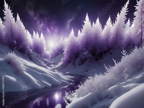 Mesmerizing blend of purple and white in this forest, with a peaceful stream and dramatic lightning