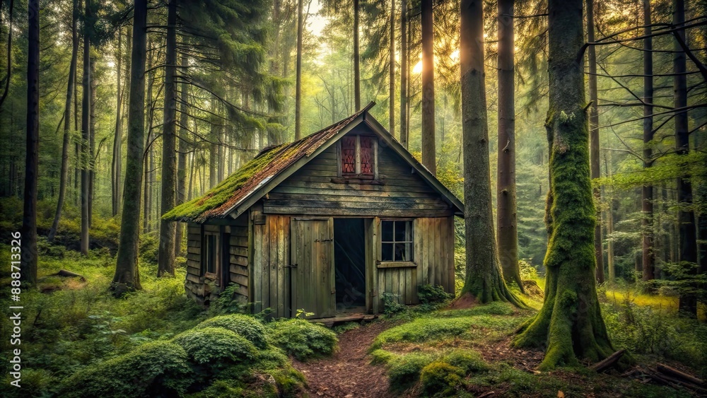 Creepy abandoned shack hidden deep in the forest, spooky, desolate, eerie, remote, wilderness, rustic, rundown, old Creepy abandoned shack hidden deep in the forest, spooky, desolate, eerie, remote, wilderness, rustic, rundown, old