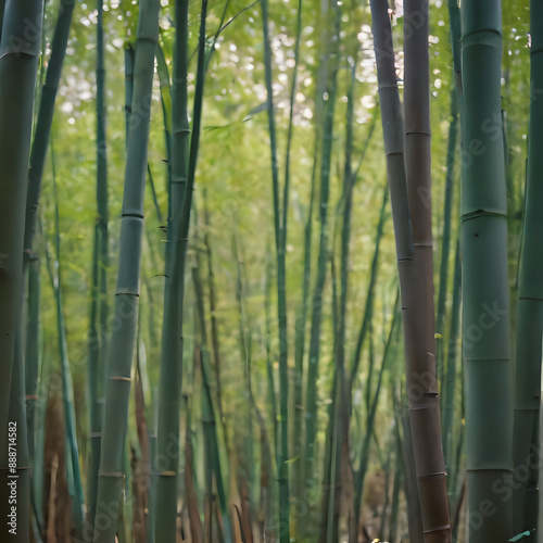 a many green bamboo trees in the forest with a person walking