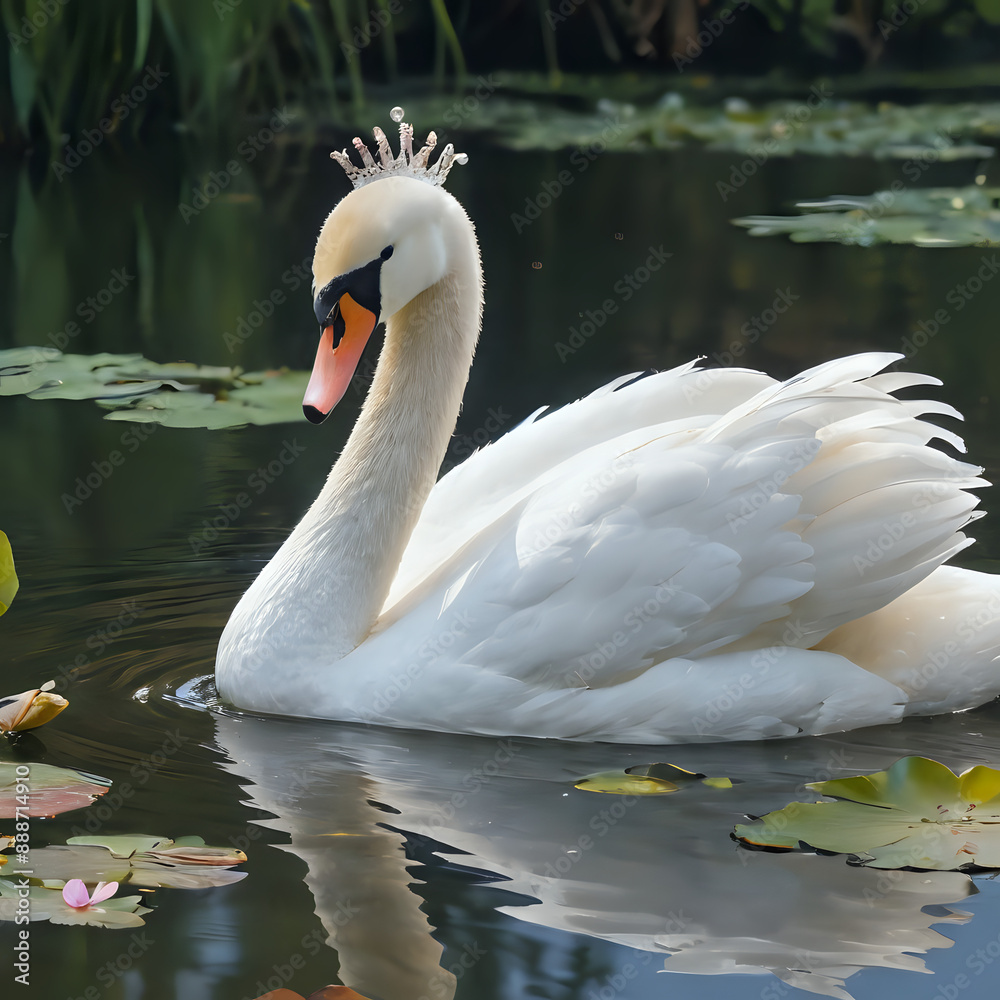Fototapeta premium a white swan with a crown floating in a pond