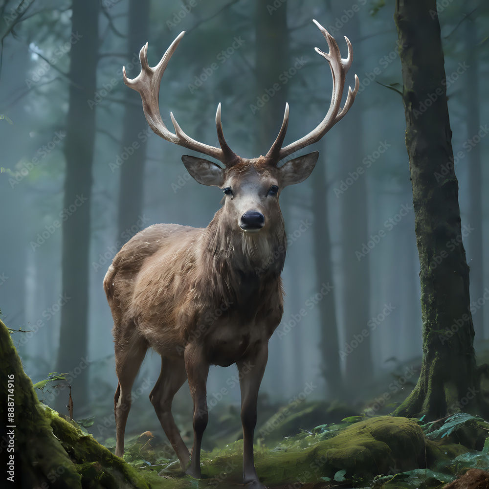 Obraz premium a deer standing in the woods with a lot of trees