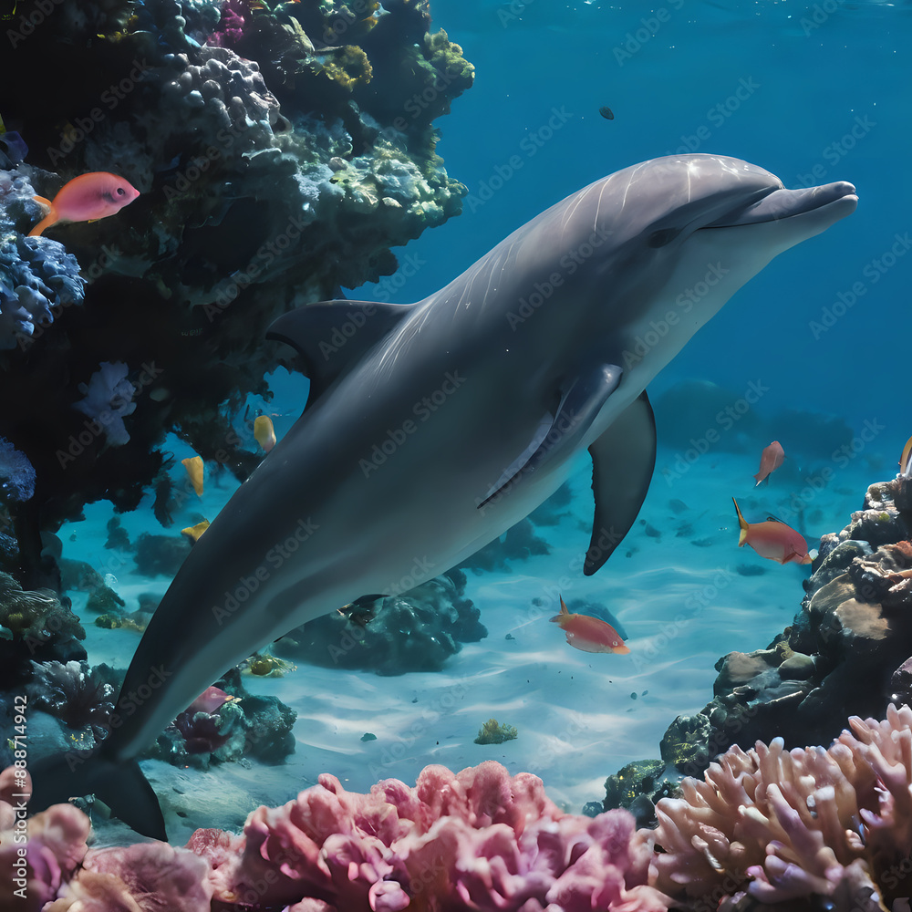 Fototapeta premium dolphin swimming in the ocean with corals and fish around