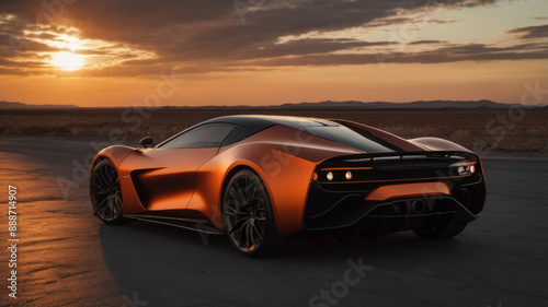 Concept Car parked in the middle of the road against the backdrop of the sunset. It's similar to an advertisement for a new car model.