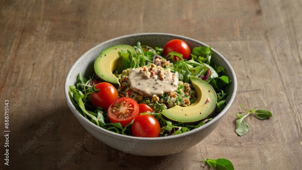 A vibrant, colorful salad bowl featuring fresh greens, cherry tomatoes, avocado slices, quinoa, and a lemon tahini dressing. A vibrant, colorful salad bowl featuring fresh greens, cherry tomatoes, avocado slices, quinoa, and a lemon tahini dressing.