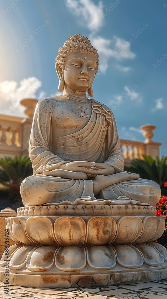 Close-Up of Buddha Statue with Candlelight and Flower Petals, Golden Sunlight, Vesak, Lent Concept