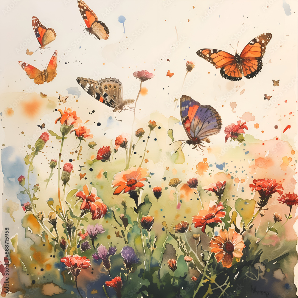 Watercolor painting of several butterflies flying in a field of flowers.