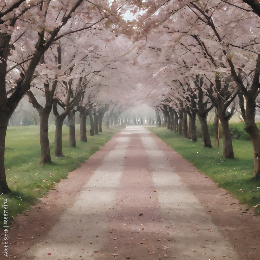 a path lined with trees that are lined with pink flowers a path lined with trees that are lined with pink flowers