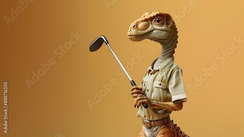 Fototapeta Naklejka Na Ścianę i Meble -  A Surreal of a Male Velociraptor Golfer Holding a Golf Club on a Plain Background
