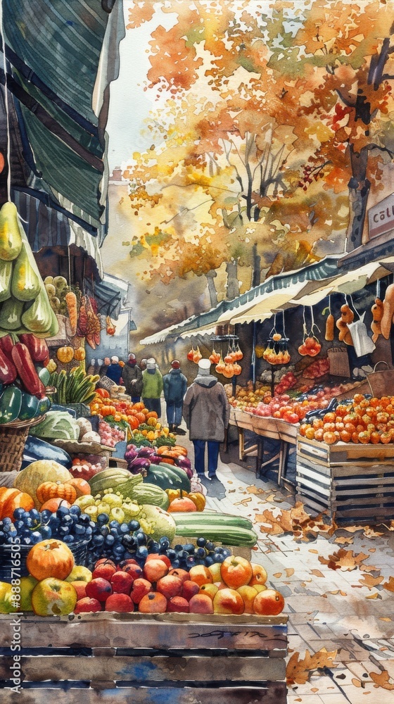Fototapeta premium A watercolor painting depicts a bustling outdoor market in Europe. The scene showcases an abundance of fresh produce, including apples, grapes, and pumpkins, all arranged in wooden crates. The market 