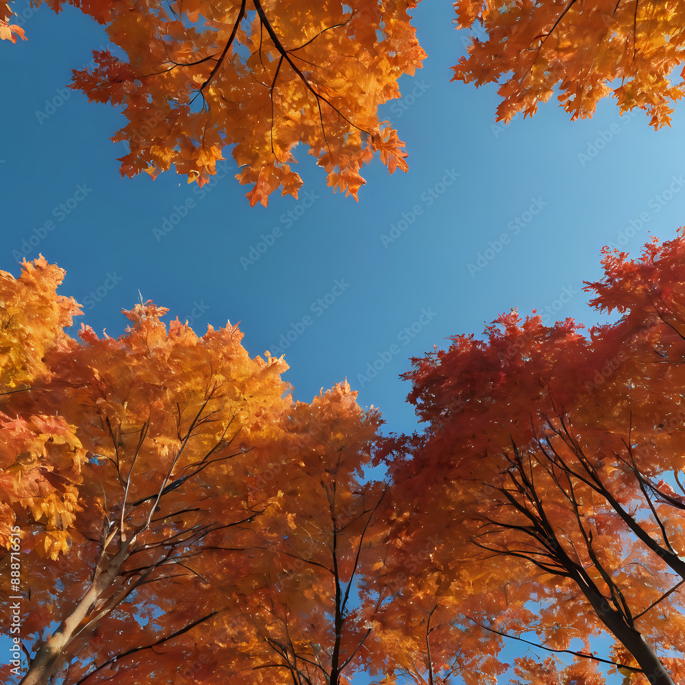 trees with orange leaves are in the foreground and a blue sky trees with orange leaves are in the foreground and a blue sky