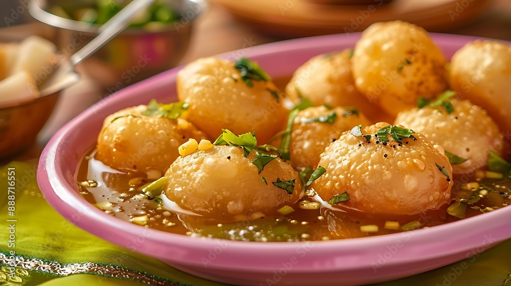 Fototapeta premium Banana water and pani puri gol gappa a tasty street snack sit on a pink dish