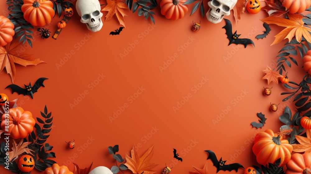 Fototapeta premium A charming 3D render in a minimalist style featuring a blank backdrop bordered by Halloween decorations like happy skeletons, tiny bats, and bright orange pumpkins, creating a playful and inviting