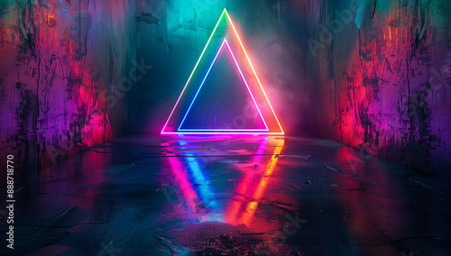 Fototapeta Naklejka Na Ścianę i Meble -  3d render, neon light triangle, virtual reality, triangular esoteric portal, tunnel, corridor, ultraviolet abstract background, laser show stage, fashion catwalk podium, road, way, floor reflection