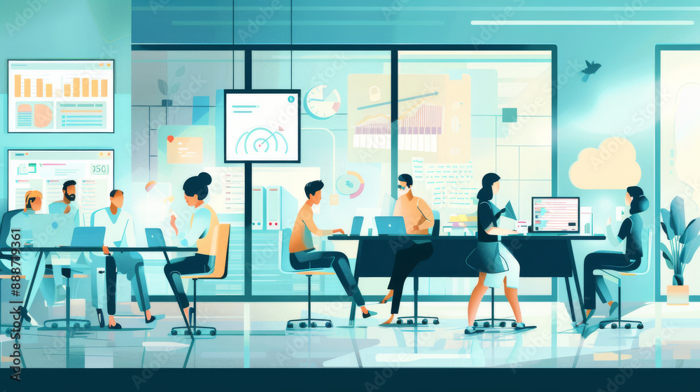 A futuristic workspace with people working remotely using laptops, tablets, and smartphones. 
