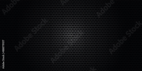 Dark gray abstract wide horizontal banner with carbon fiber grid of hexagons and glowing lines. vector illustration.