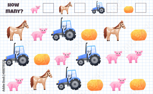 Math counting game for children with farm animals and tractor