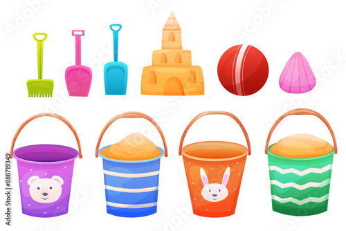 Set for kids sand game with bucket, spade and ball. Vector summer illustration