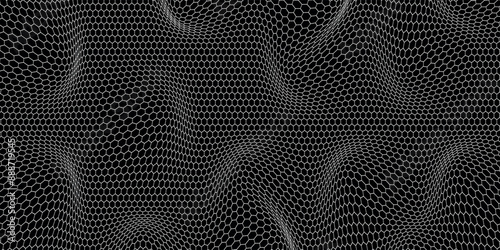 Dark gray abstract wide horizontal banner with carbon fiber grid of hexagons and glowing lines. vector illustration.