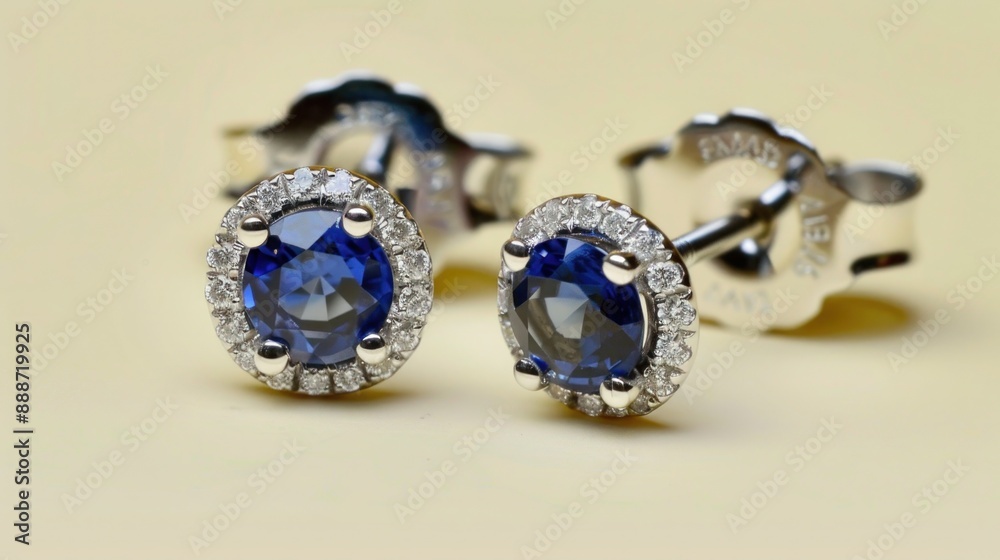 A pair of and diamond stud earrings, set against a light yellow background. A pair of and diamond stud earrings, set against a light yellow background.