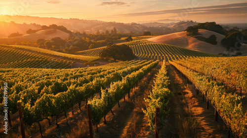 Wallpaper Mural A picturesque vineyard with rows of grapevines stretching across rolling hills under a golden sunset.  Torontodigital.ca