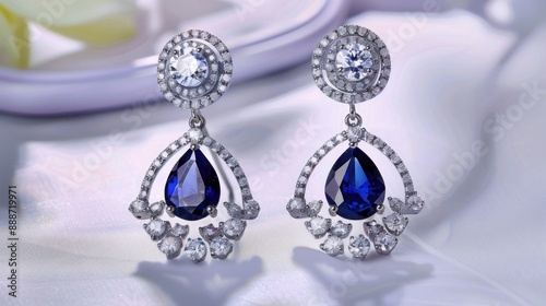 A pair of diamond chandelier earrings, set against a soft lavender background.