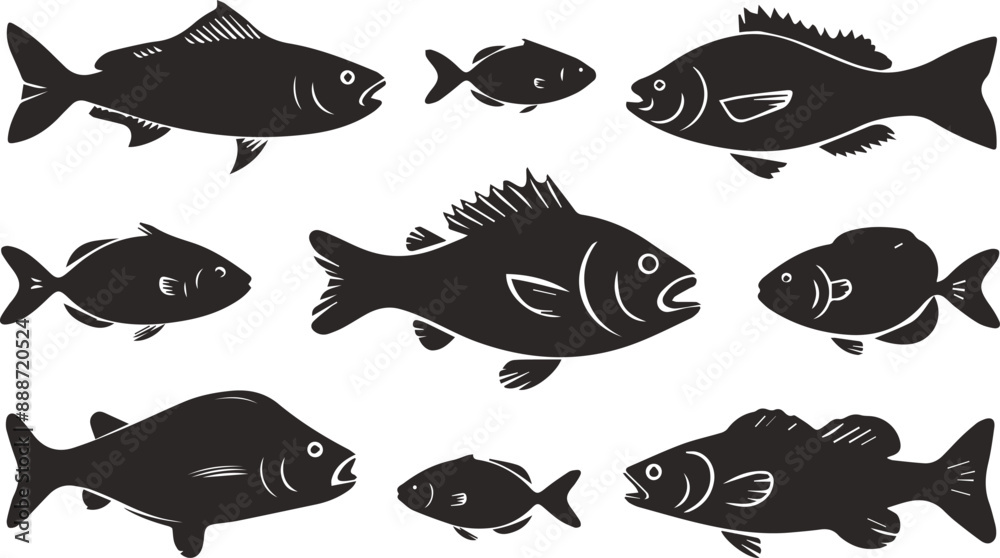 Verious fishs vector set icons silhouettes style with white background