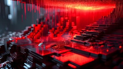 Crédence de cuisine Rouge "Abstract red digital landscape, intricate and glowing, striking tech visualization or wallpaper". Generative AI  © Janis