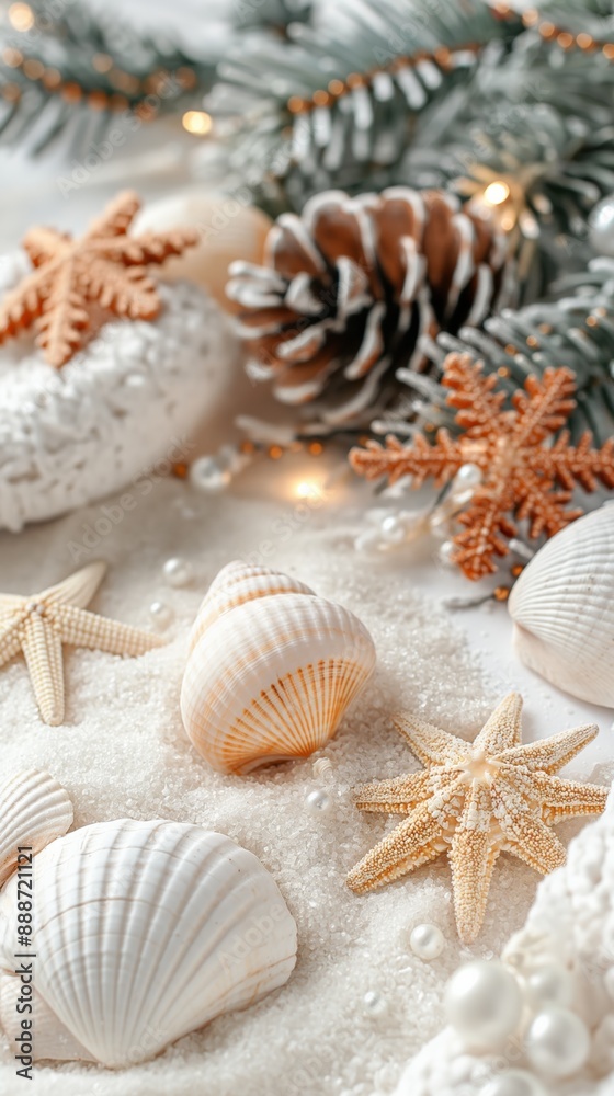 Shells, starfish, and pinecones on white sand with a blurred Christmas tree in the background. Shells, starfish, and pinecones on white sand with a blurred Christmas tree in the background.