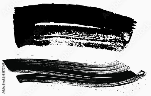 Straight line vector brush strokes. Black hand drawn stripes, smears. Chinese, Korean or Japanese calligraphy brushstrokes. Rough grunge thick paint line texture. Vector sketch rectangle text boxes