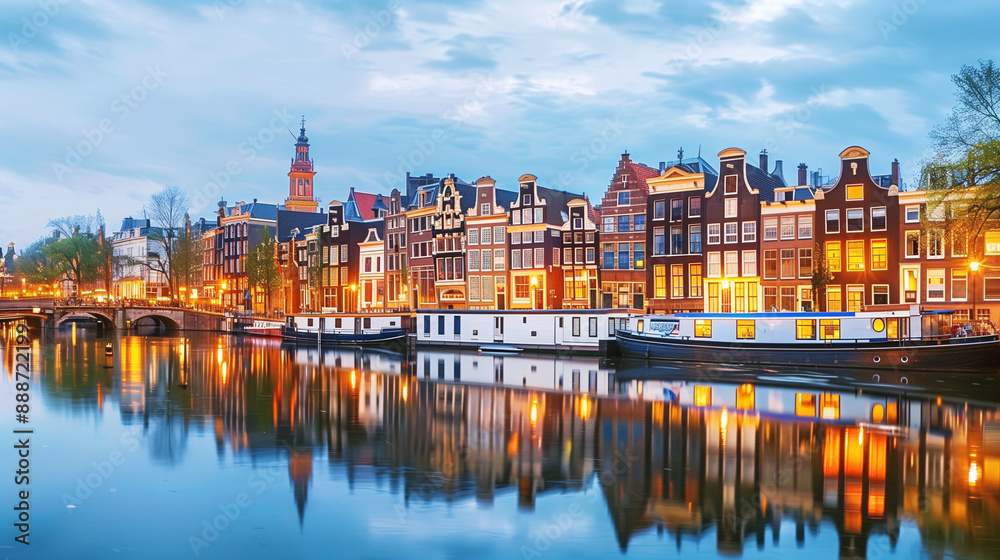 Fototapeta premium Amsterdam’s canals and historic buildings softly illuminated by early morning light
