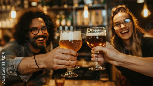 Friends enjoying a beer at a bar photo