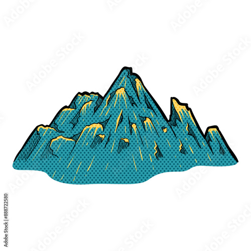 Hand drawn mountains halftone color vector illustration