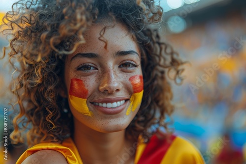 Happy fan supporting Spain team at soccer.