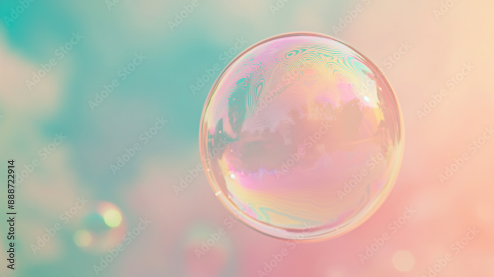 A single iridescent bubble against a soft pastel background. A single iridescent bubble against a soft pastel background.