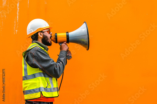 A construction worker in a reflective vest and hard hat using a megaphone against an orange background, representing communication and safety. © BetterPhoto