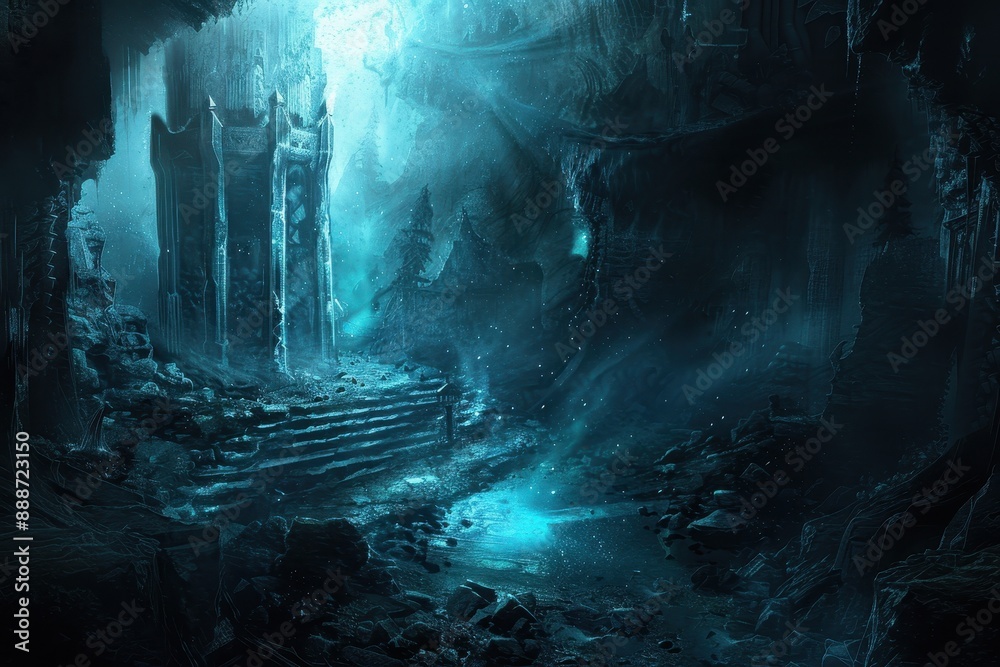 Mystical ruins in an underground cavern with a glowing river