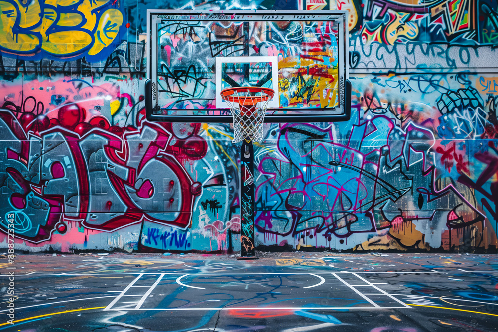 Obraz premium Graffiti-covered basketball court with vibrant backboard