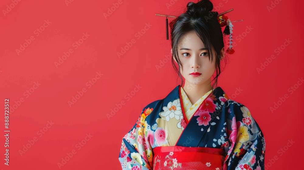 Portrait of a young woman in a traditional Japanese kimono with floral patterns and hair accessories against a red background Portrait of a young woman in a traditional Japanese kimono with floral patterns and hair accessories against a red background