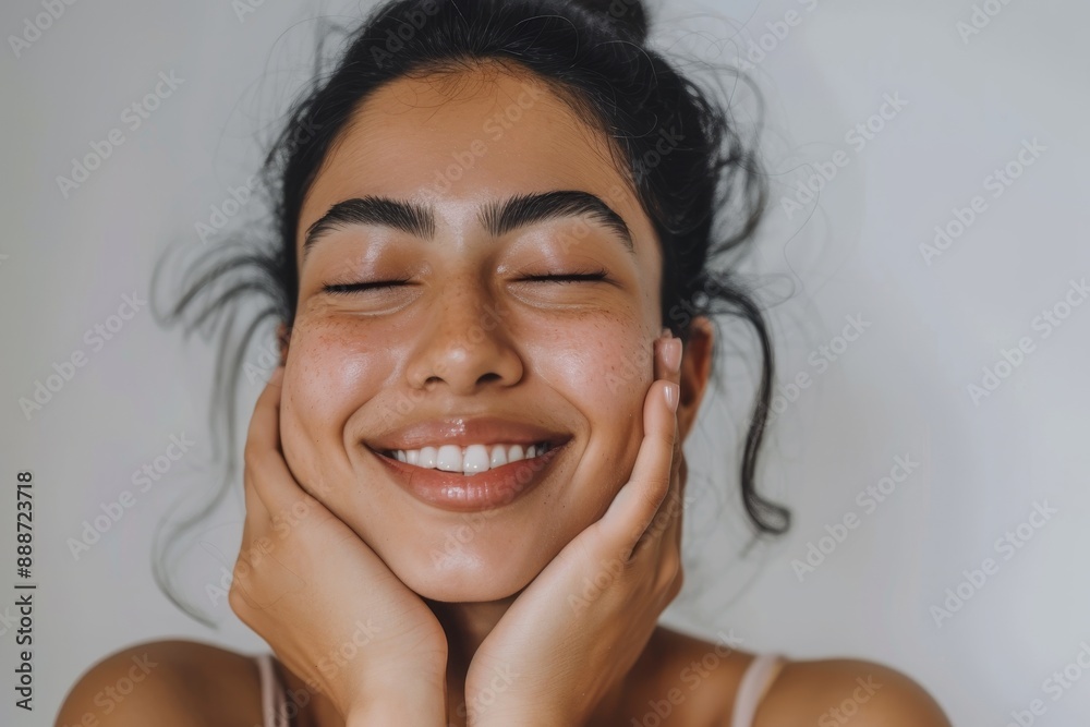 Happy Indian woman with natural skin isolated on white background Cosmetics used for facial glow wellness or self care in studio Happy Indian woman with natural skin isolated on white background Cosmetics used for facial glow wellness or self care in studio