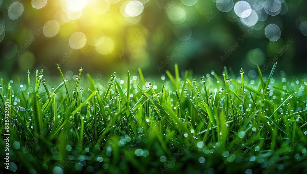 Obraz premium Close-up of Dew-Covered Grass Blades in Sunlight