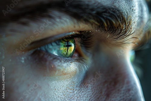 A christian cross reflecting in a man's eye. photo