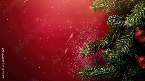 Christmas tree branches with red ornaments on a red background with falling snow photo