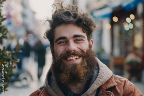 Joyful young bearded man with trendy hair and beard happily smiling at the camera content with work free day