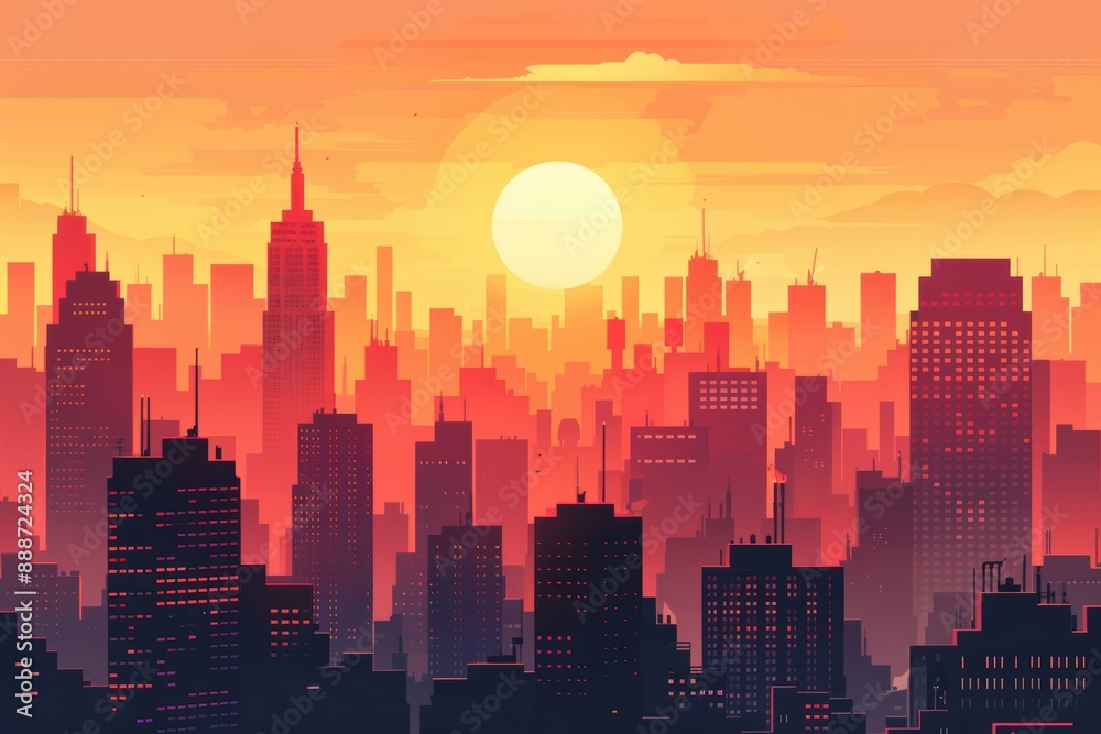 A vibrant city skyline at sunset, with tall skyscrapers silhouetted against a colorful, orange-hued sky and a setting sun in the background
