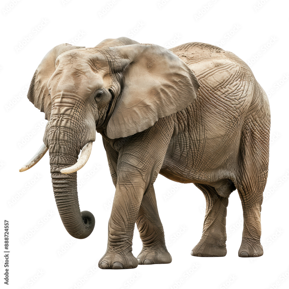 Fototapeta premium A majestic elephant with large ears and trunk stands against a plain background, showcasing its impressive size and detailed texture
