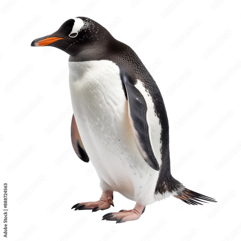 Fototapeta premium A standing penguin with a distinctive white belly, black back, orange beak, and white markings above the eyes